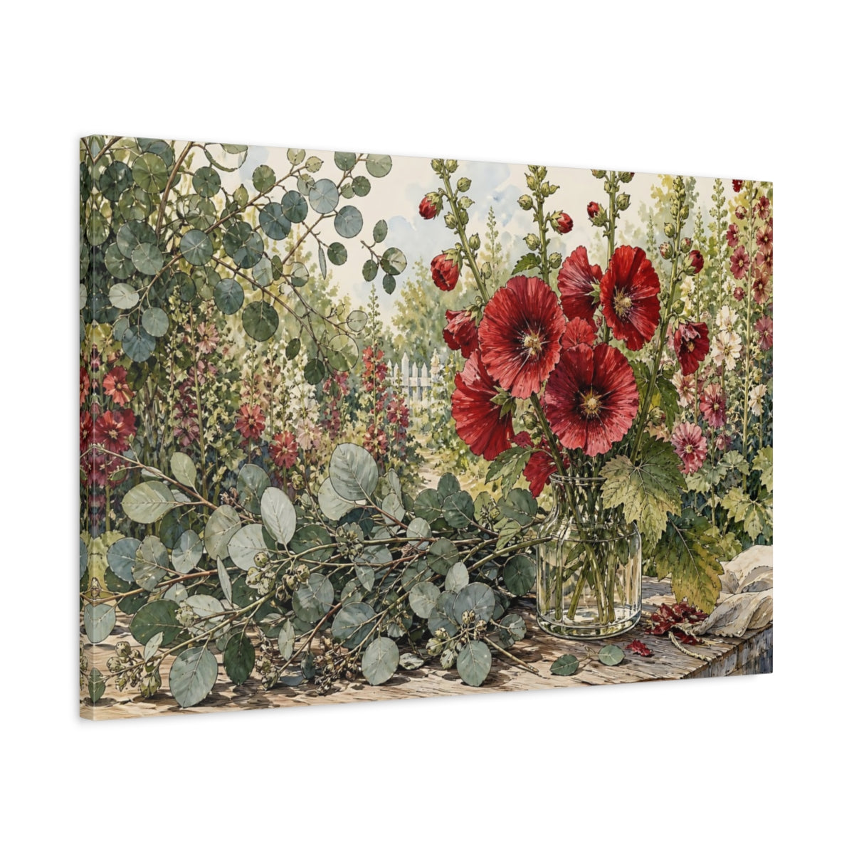Side Mockup 2. Floral Hollyhocks Red Floral Garden shown as stretched canvas wall art