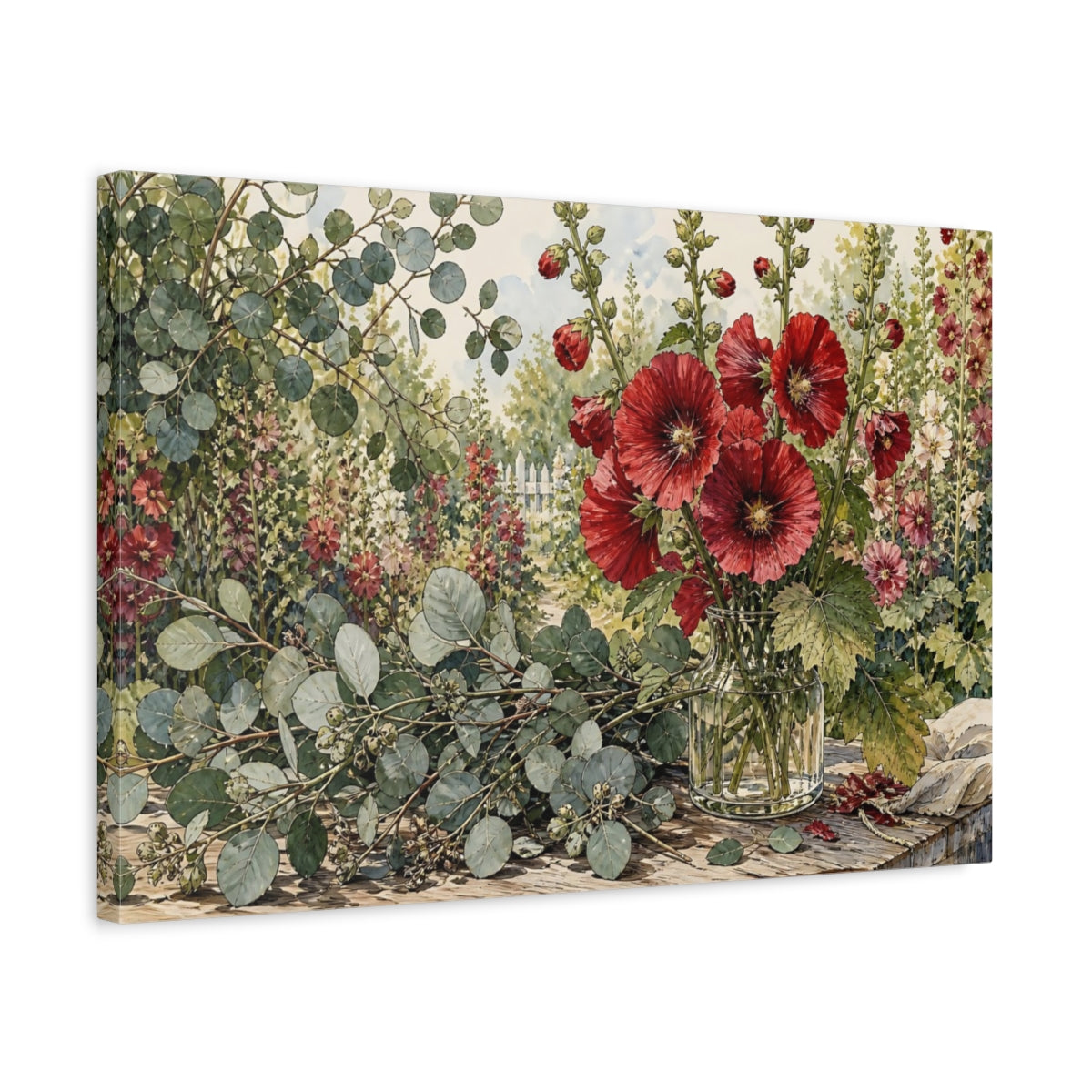 Side Mockup 3. Floral Hollyhocks Red Floral Garden shown as stretched canvas wall art