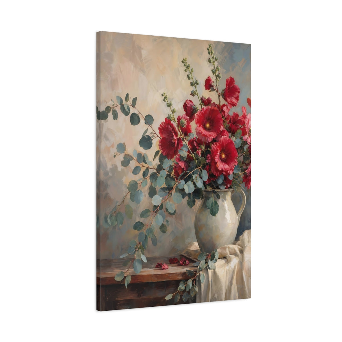 Main Mockup. Floral Hollyhocks Red Hollyhocks shown as stretched canvas wall art
