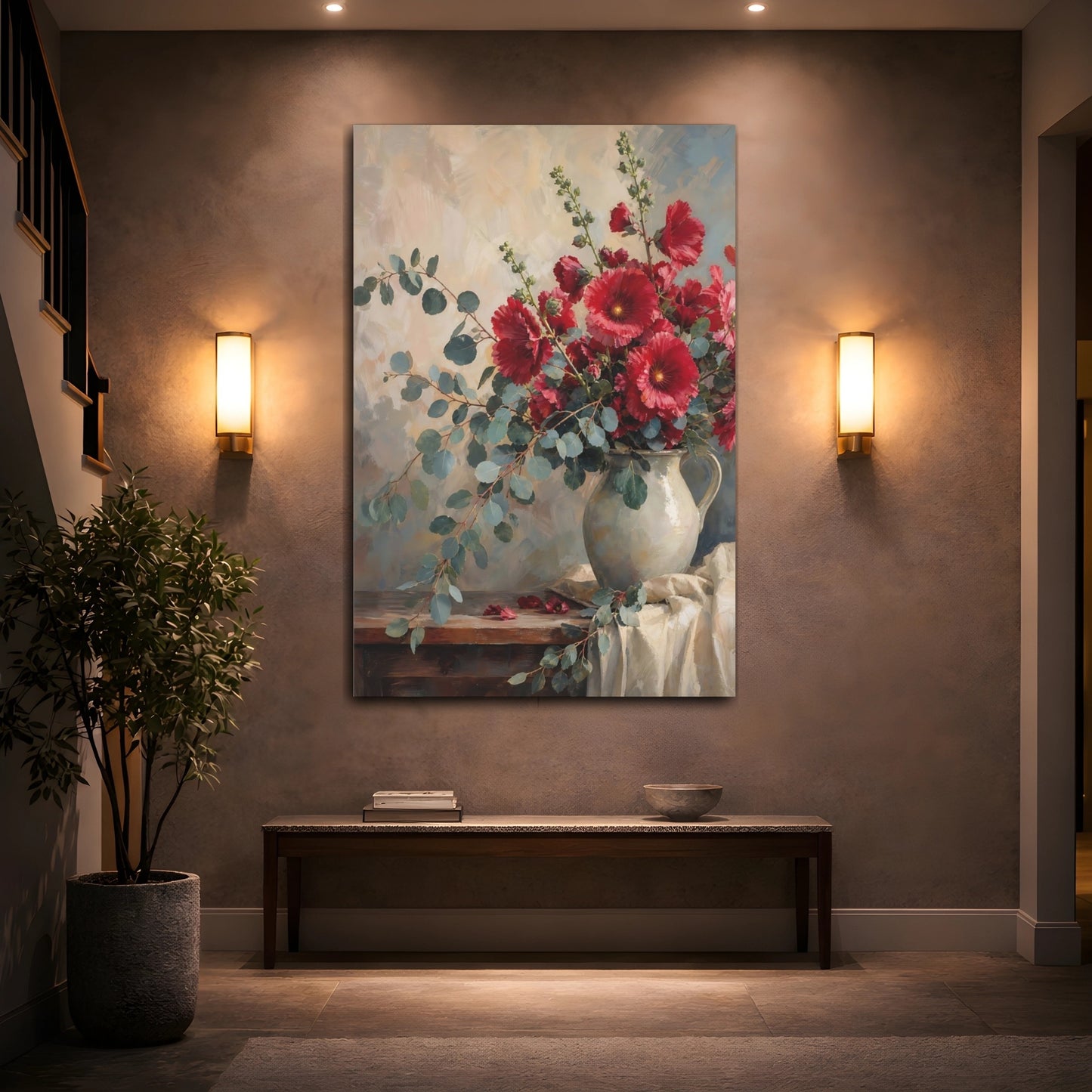 Mockup 2. Floral Hollyhocks Red Hollyhocks shown as stretched canvas wall art
