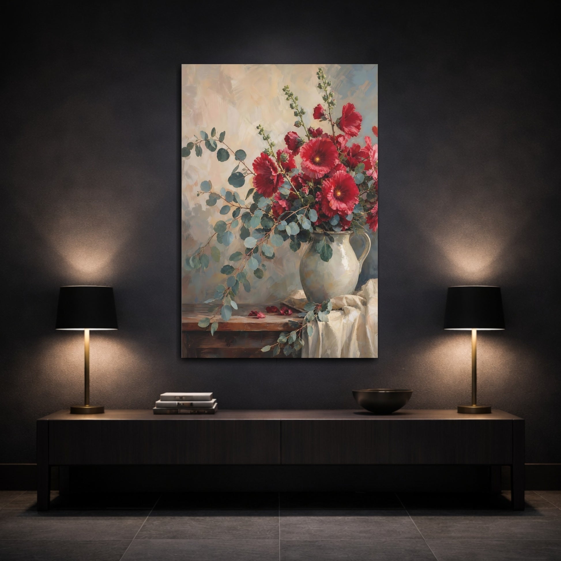 Mockup 3. Floral Hollyhocks Red Hollyhocks shown as stretched canvas wall art
