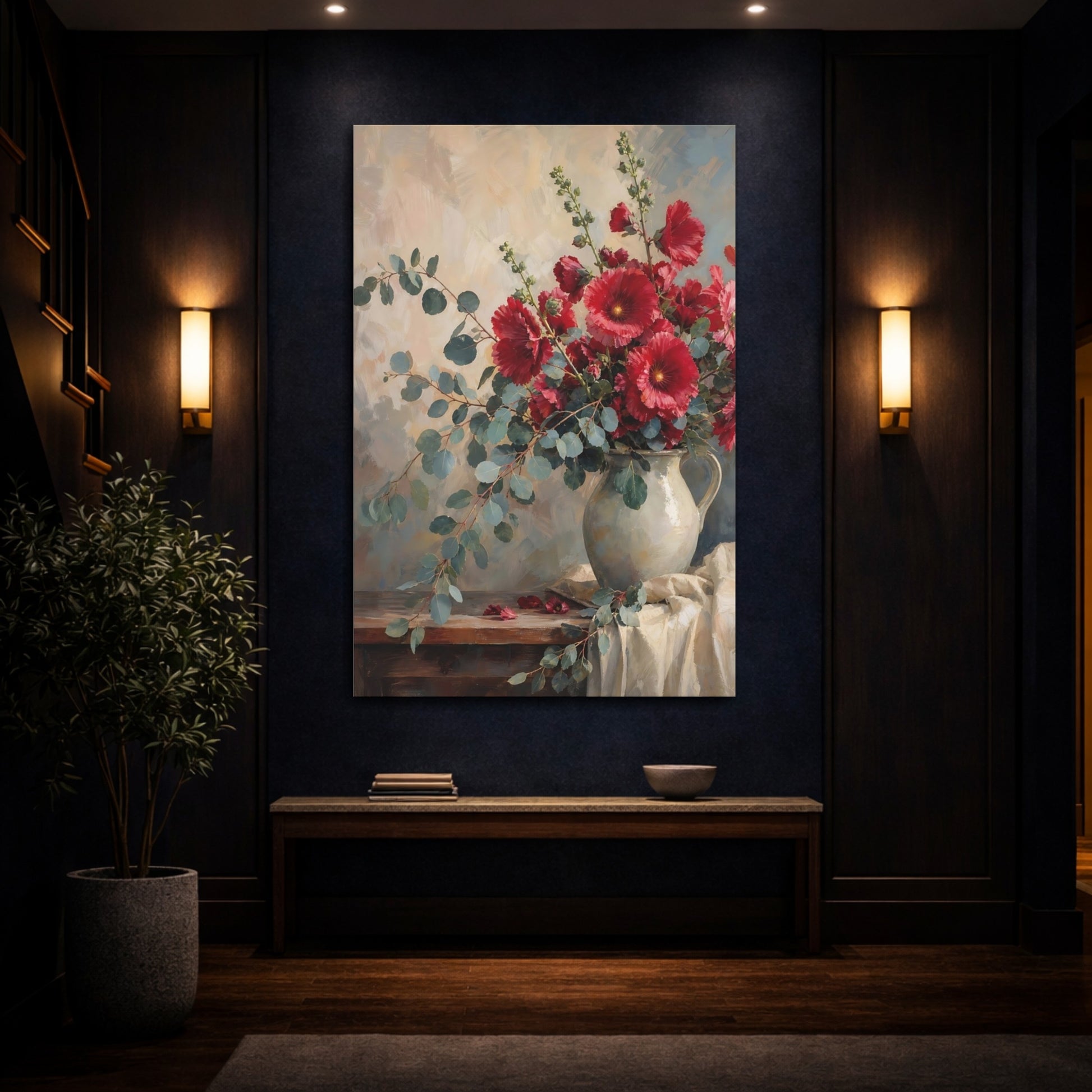 Mockup 4. Floral Hollyhocks Red Hollyhocks shown as stretched canvas wall art