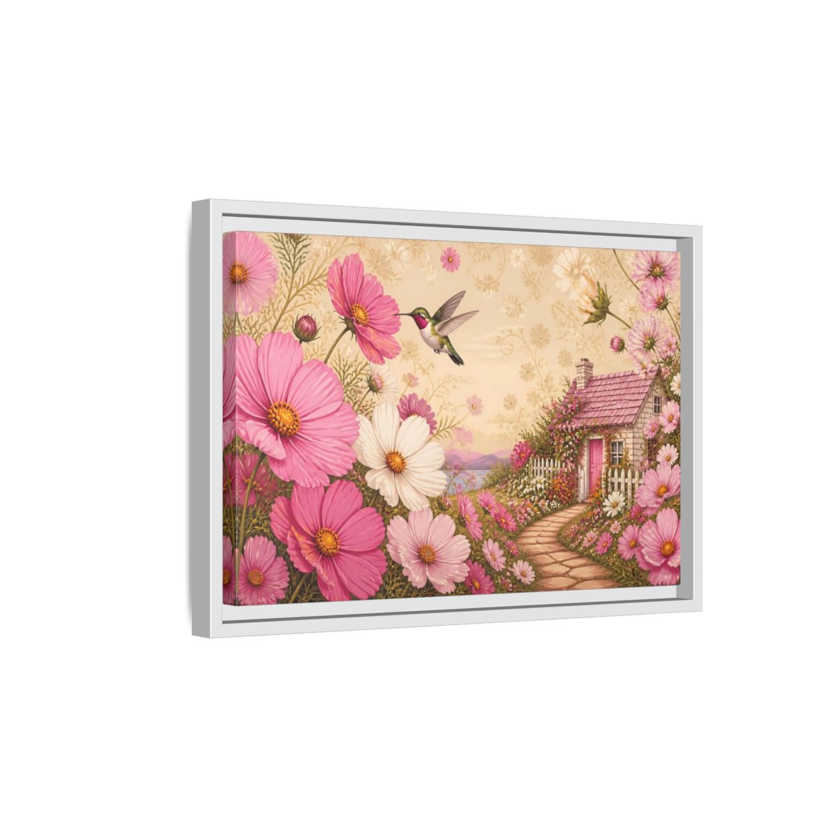 Side Mockup 4. Floral Hummingbird Cottage shown as framed canvas print