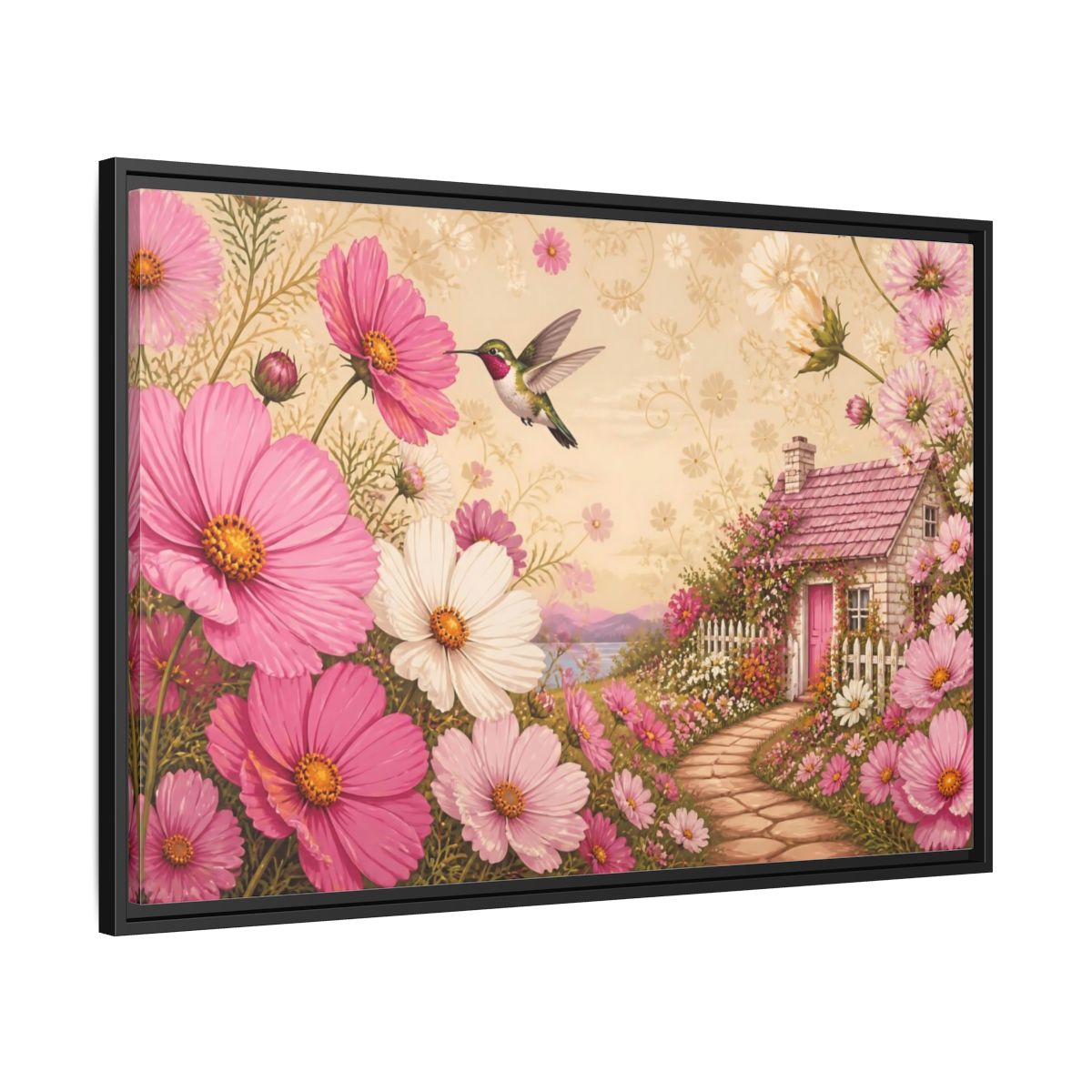 Side Mockup 13. Floral Hummingbird Cottage shown as framed canvas print