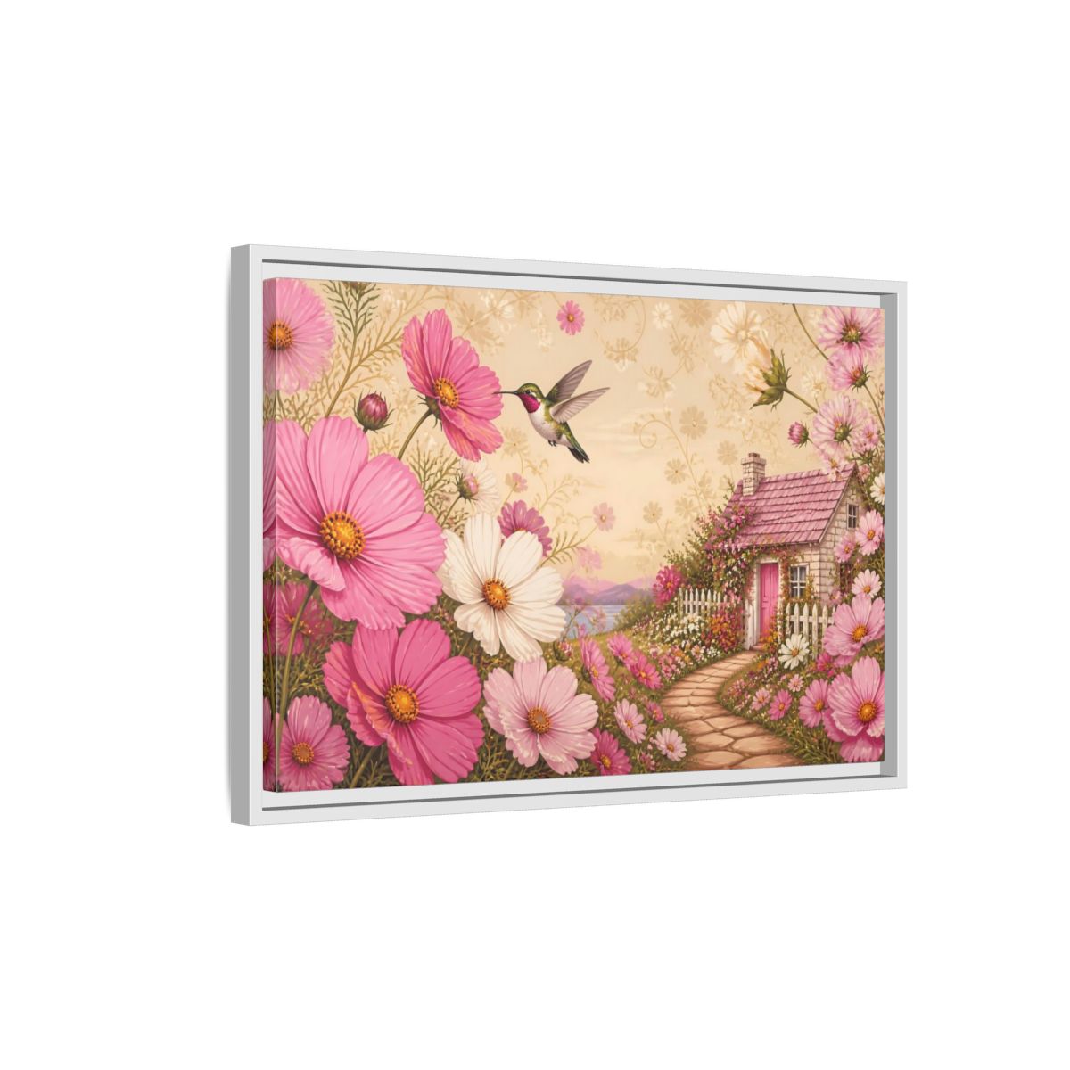 Side Mockup 1. Floral Hummingbird Cottage shown as framed canvas print