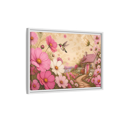 Side Mockup 1. Floral Hummingbird Cottage shown as framed canvas print