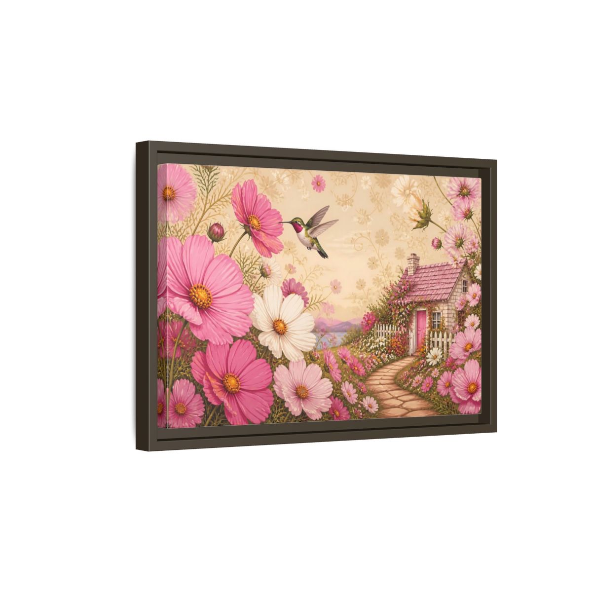 Side Mockup 5. Floral Hummingbird Cottage shown as framed canvas print