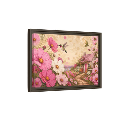 Side Mockup 5. Floral Hummingbird Cottage shown as framed canvas print