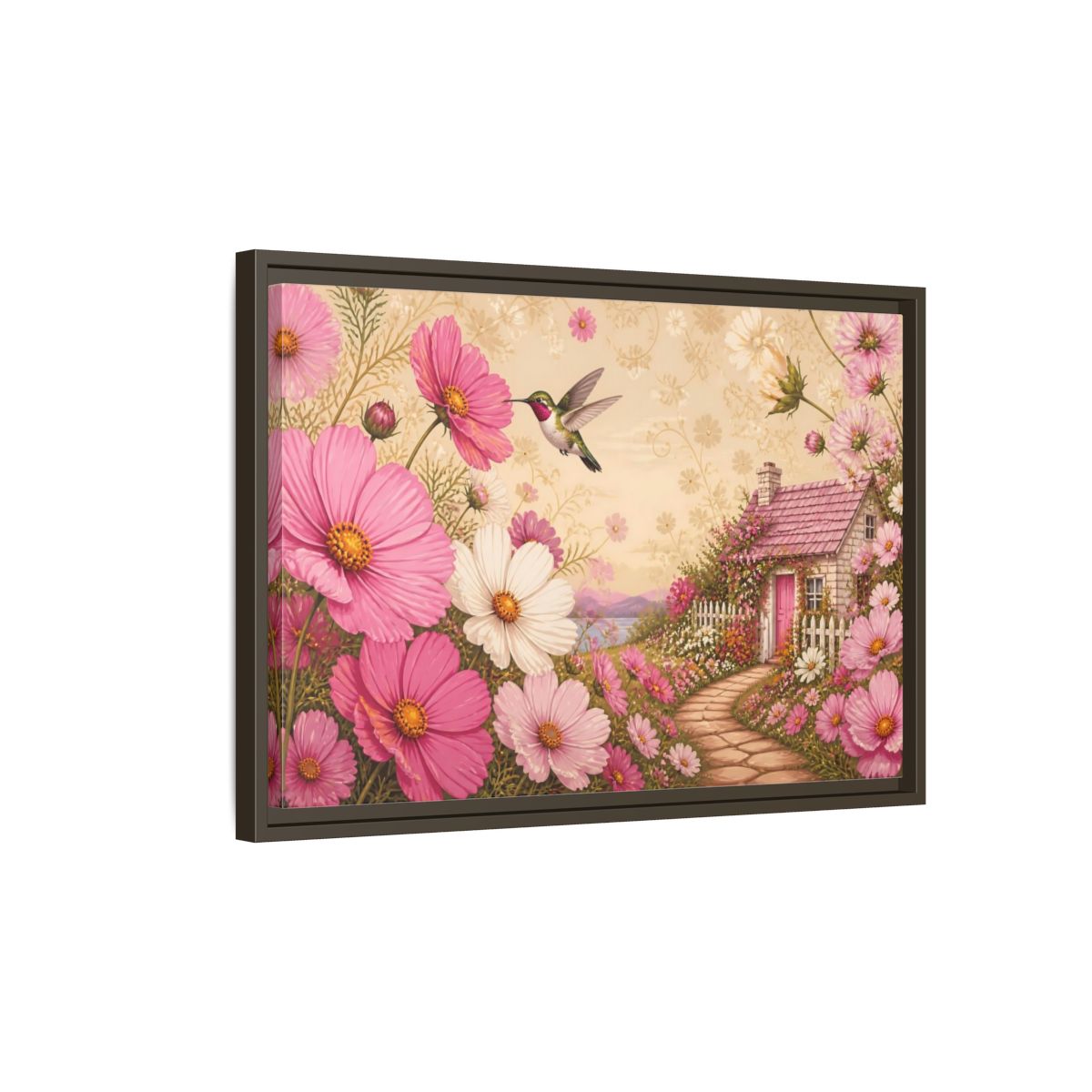 Side Mockup 2. Floral Hummingbird Cottage shown as framed canvas print