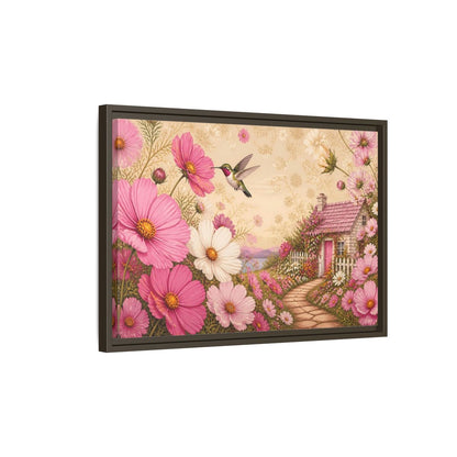 Side Mockup 2. Floral Hummingbird Cottage shown as framed canvas print