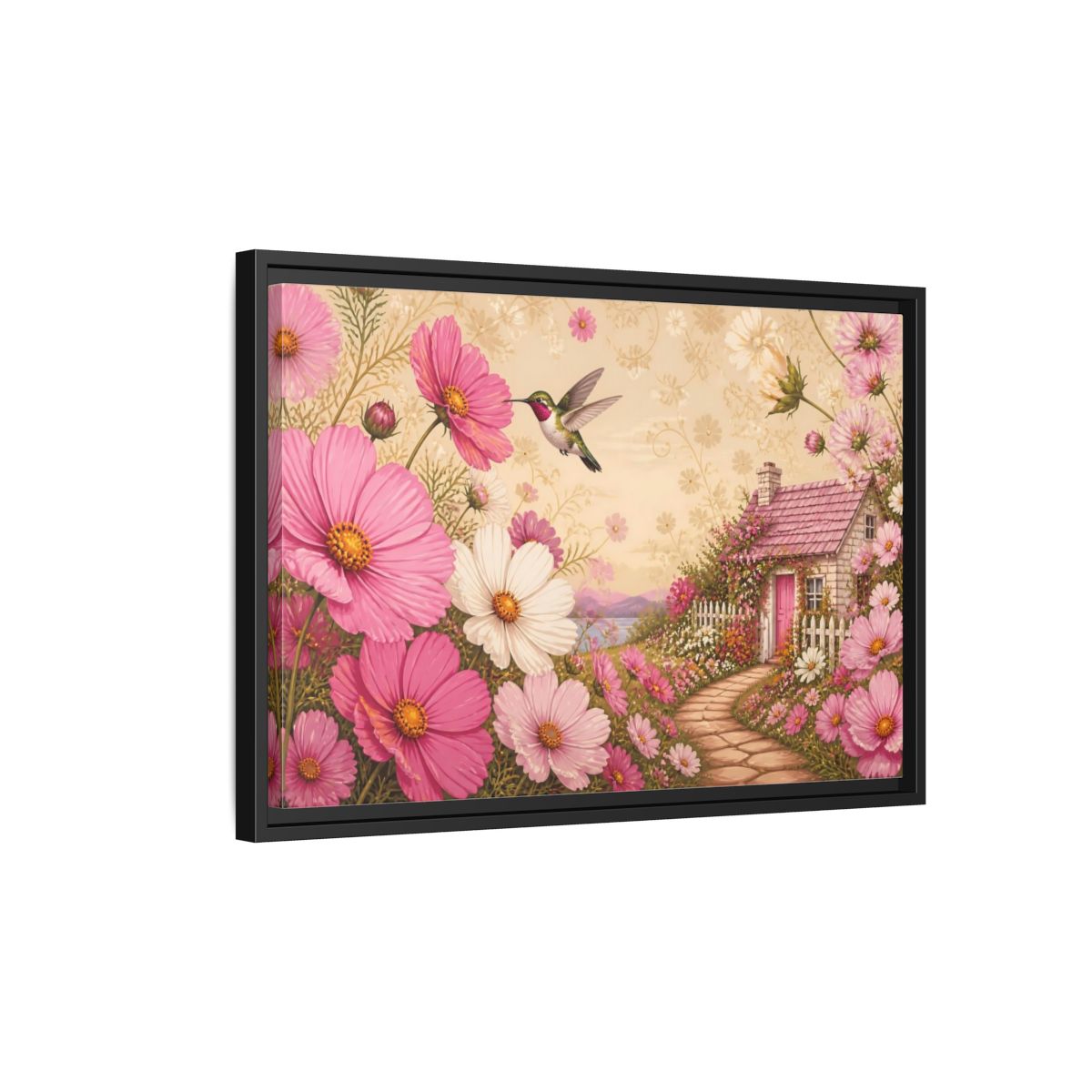 Side Mockup 3. Floral Hummingbird Cottage shown as framed canvas print