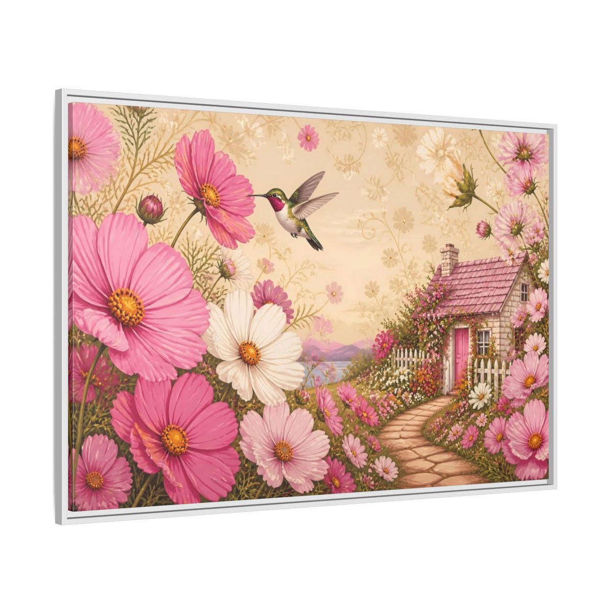 Side Mockup 7. Floral Hummingbird Cottage shown as framed canvas print