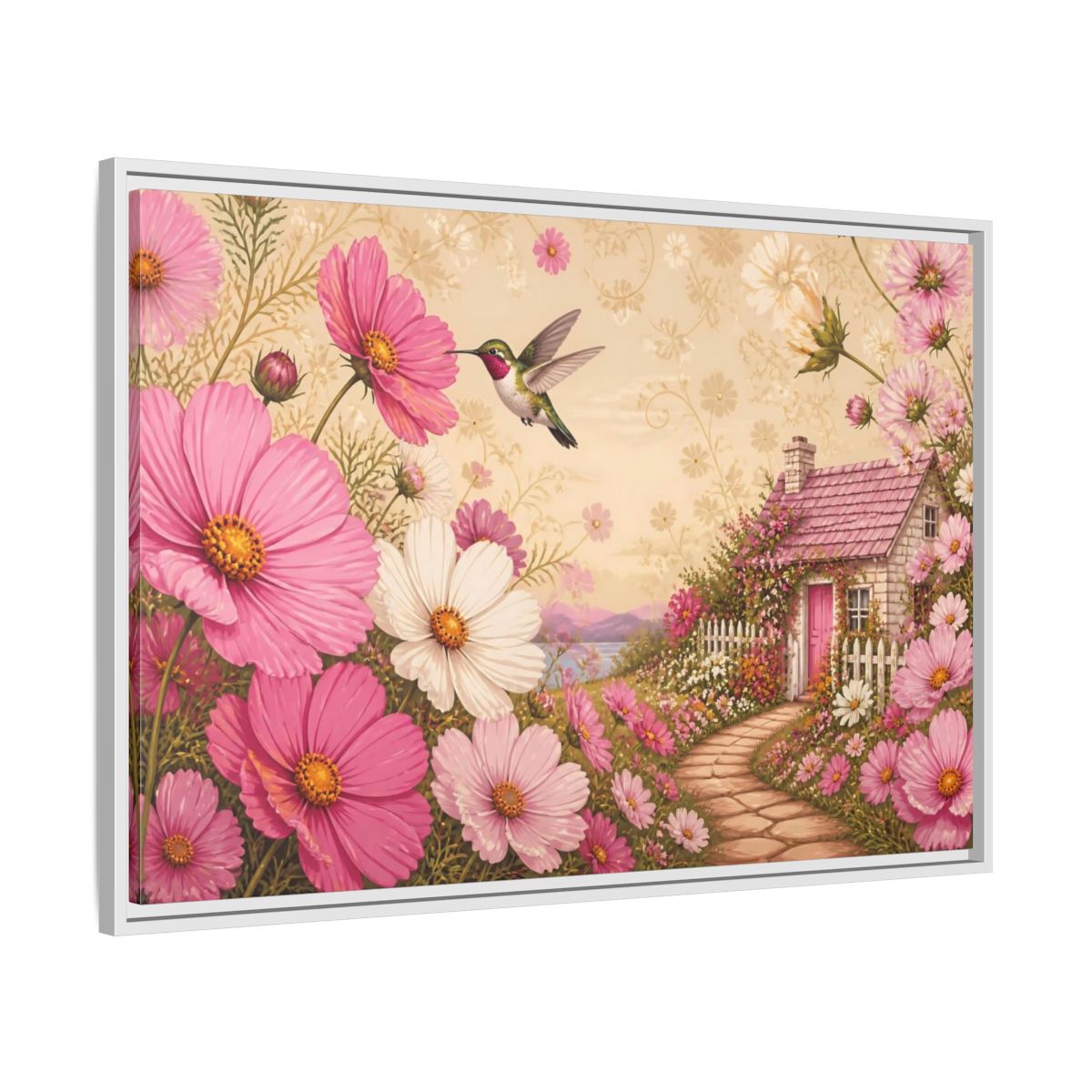 Side Mockup 9. Floral Hummingbird Cottage shown as framed canvas print