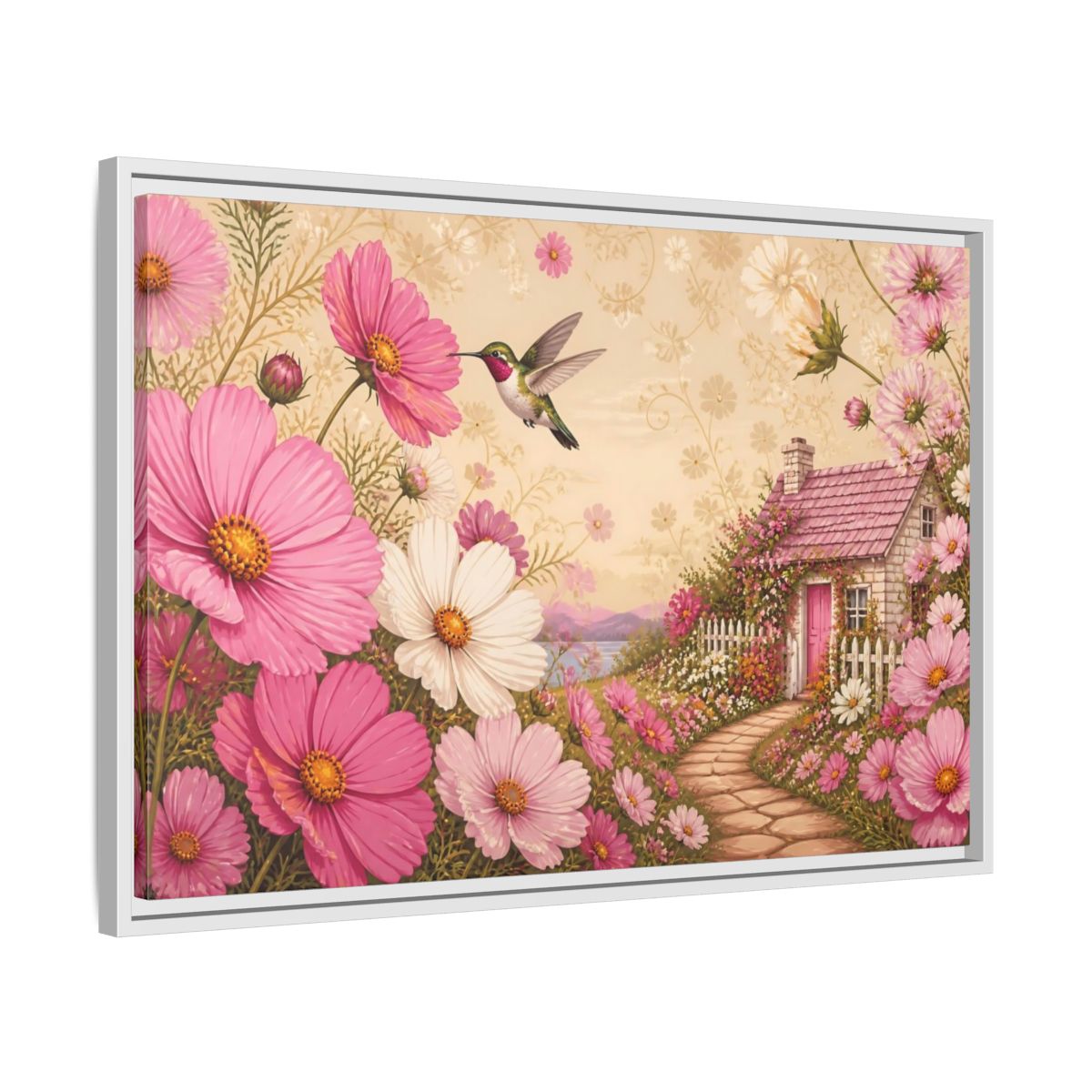 Side Mockup 10. Floral Hummingbird Cottage shown as framed canvas print