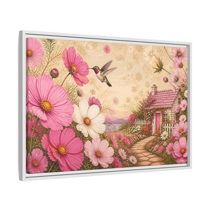 Side Mockup 10. Floral Hummingbird Cottage shown as framed canvas print