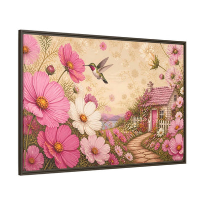 Side Mockup 8. Floral Hummingbird Cottage shown as framed canvas print