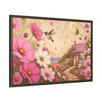 Main Mockup. Floral Hummingbird Cottage shown as framed canvas print