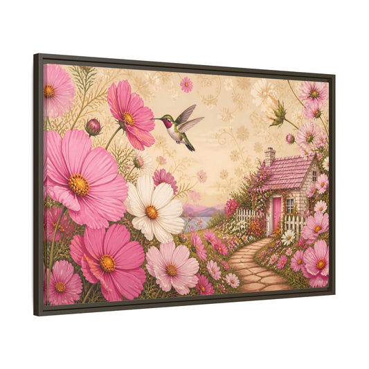 Main Mockup. Floral Hummingbird Cottage shown as framed canvas print