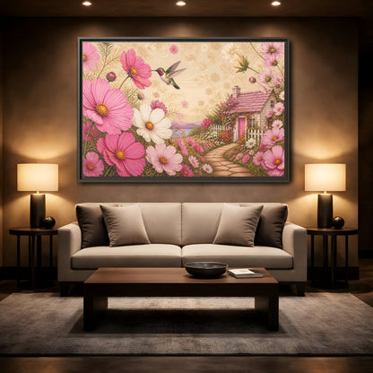 Mockup 2. Floral Hummingbird Cottage shown as framed canvas print