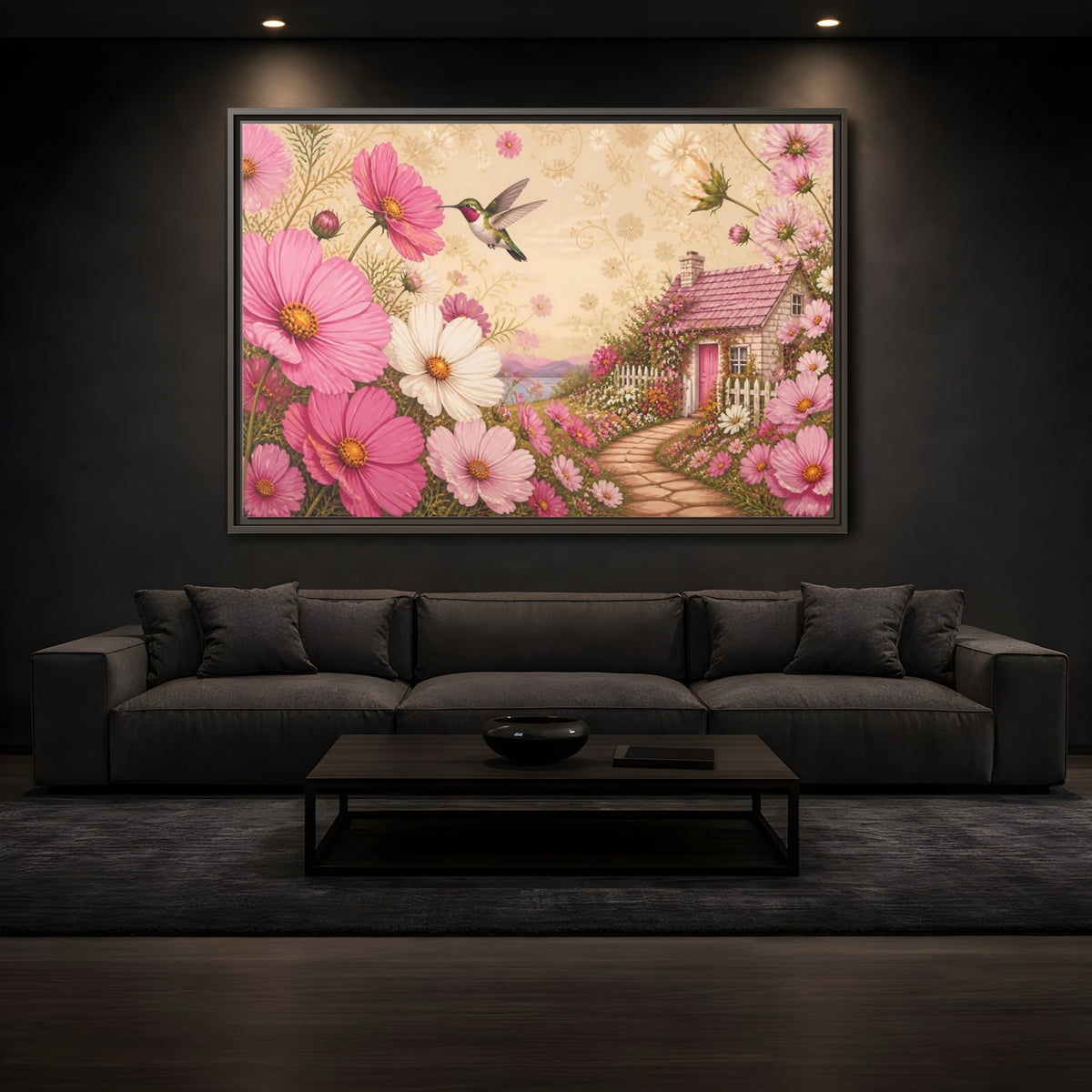 Mockup 3. Floral Hummingbird Cottage shown as framed canvas print