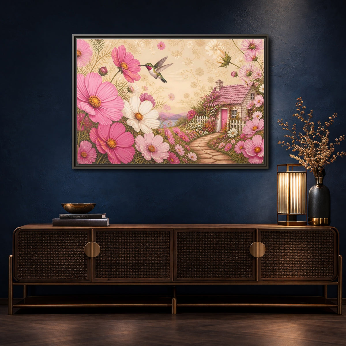 Mockup 4. Floral Hummingbird Cottage shown as framed canvas print