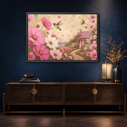 Mockup 4. Floral Hummingbird Cottage shown as framed canvas print