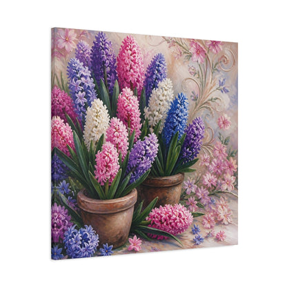 Main Mockup. Floral Hyacinths In Pots shown as canvas print