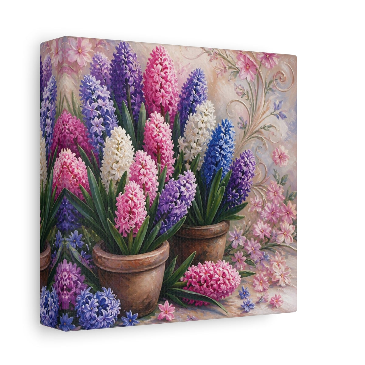 Side Mockup 2. Floral Hyacinths In Pots shown as canvas print