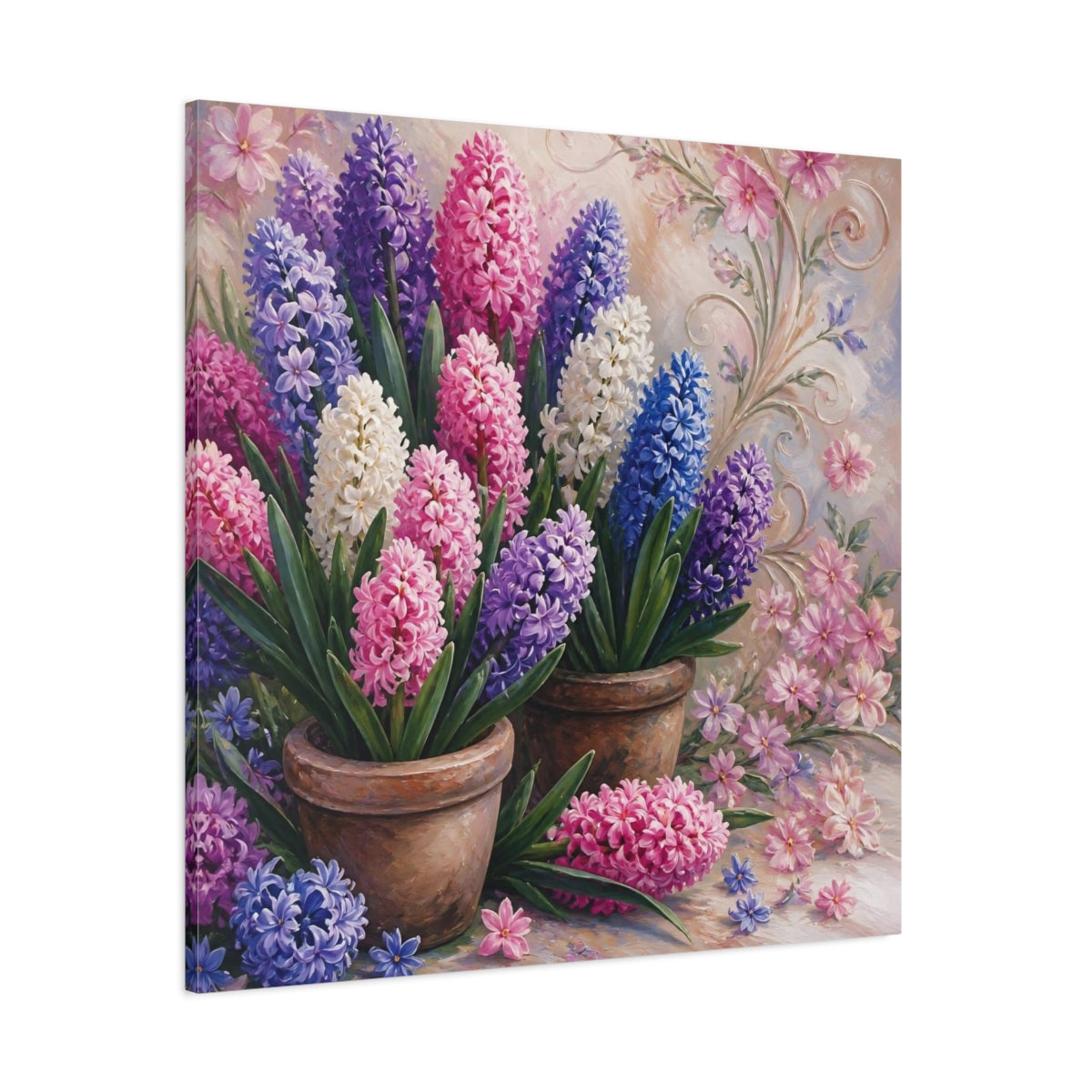 Side Mockup 1. Floral Hyacinths In Pots shown as canvas print