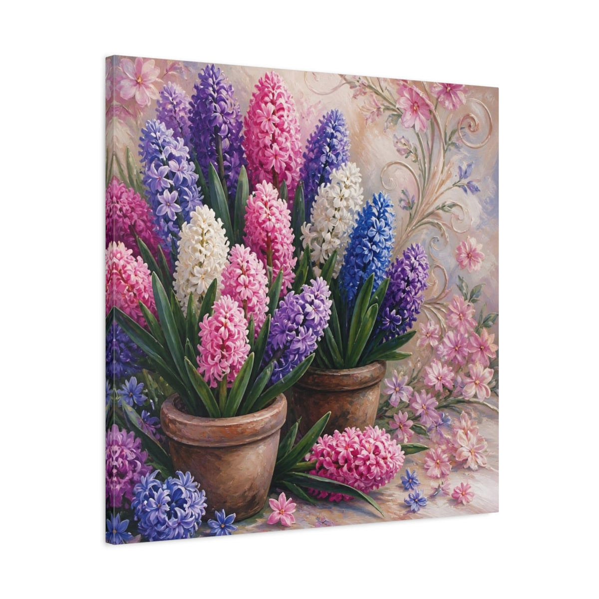 Side Mockup 3. Floral Hyacinths In Pots shown as canvas print