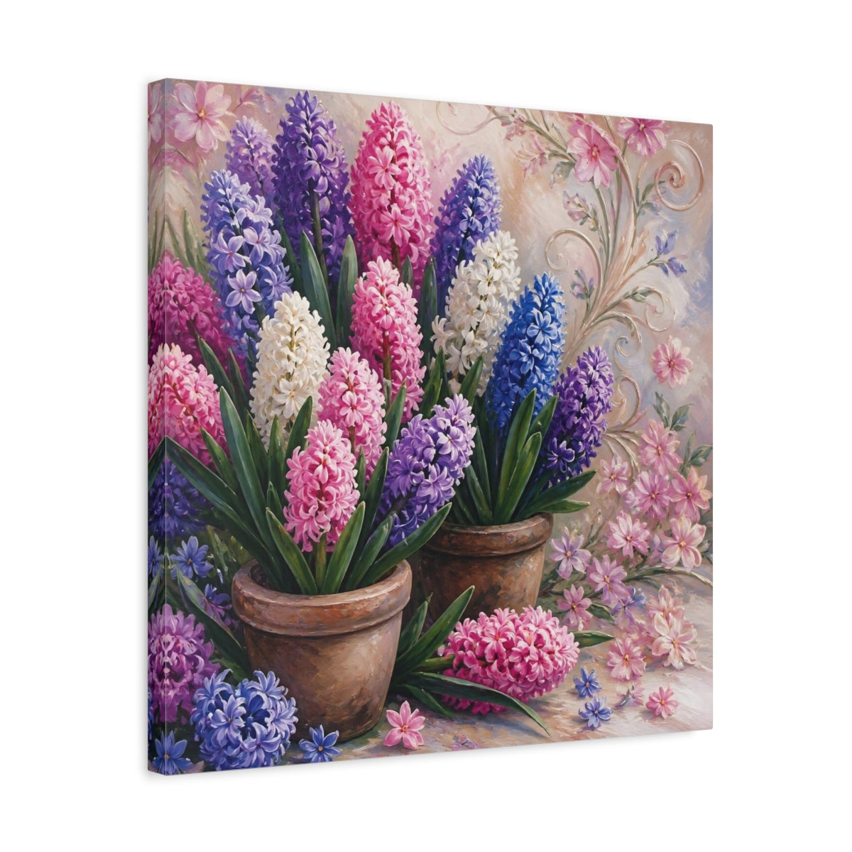 Side Mockup 5. Floral Hyacinths In Pots shown as canvas print