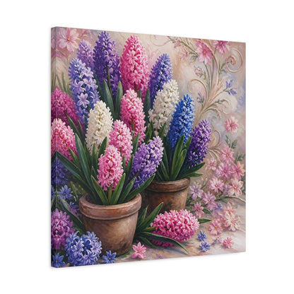 Side Mockup 4. Floral Hyacinths In Pots shown as canvas print