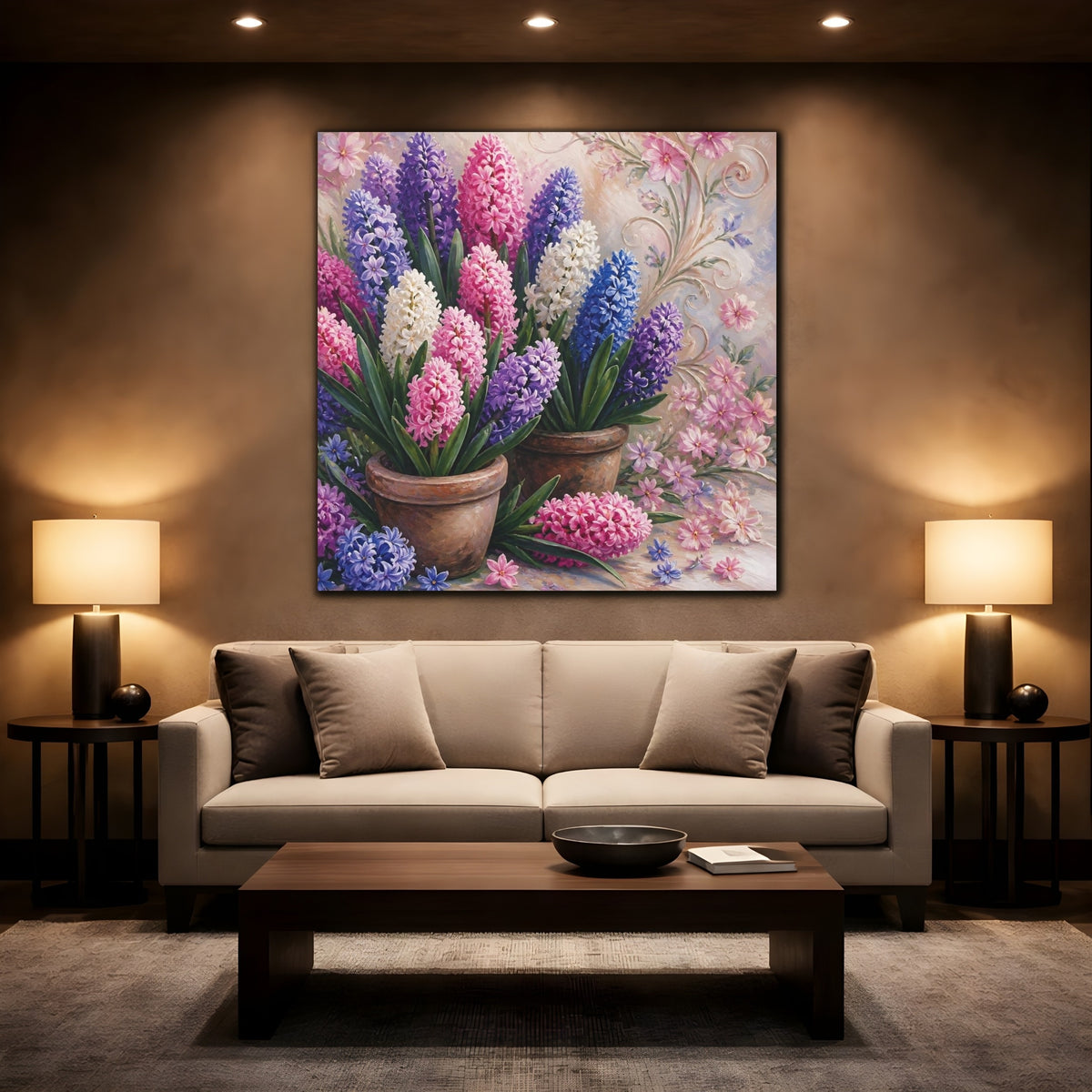 Mockup 2. Floral Hyacinths In Pots shown as canvas print