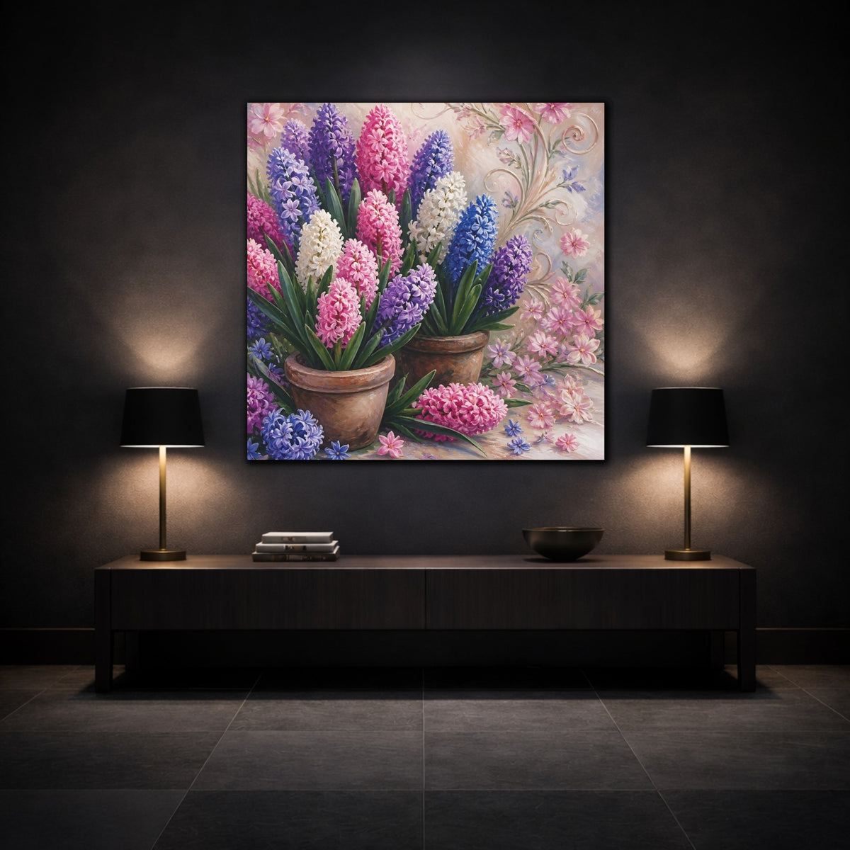 Mockup 3. Floral Hyacinths In Pots shown as canvas print
