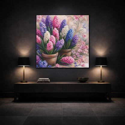 Mockup 3. Floral Hyacinths In Pots shown as canvas print