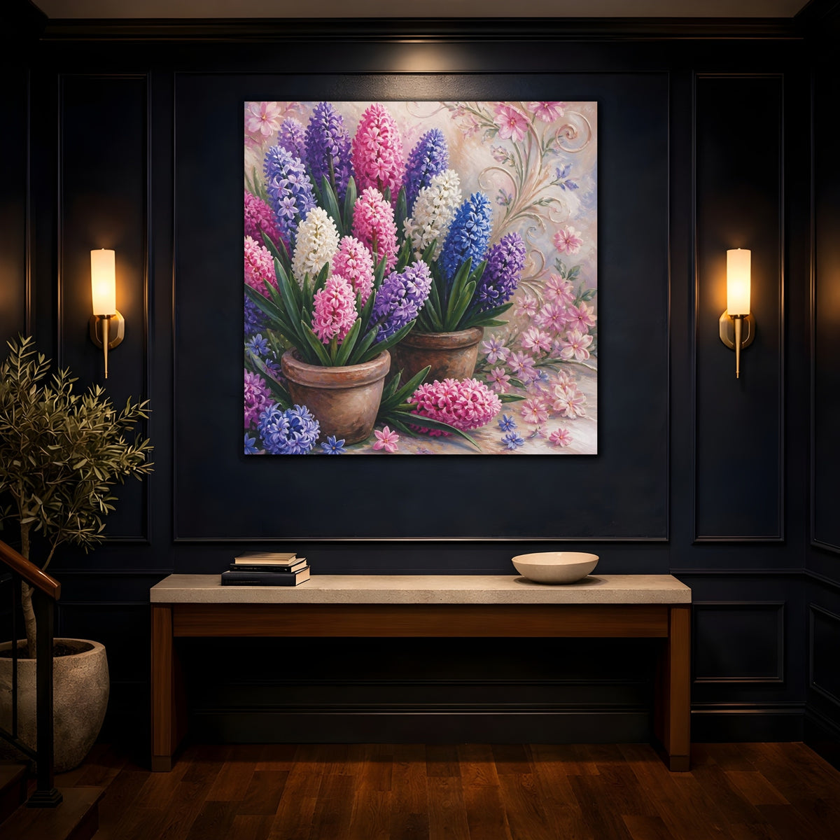 Mockup 4. Floral Hyacinths In Pots shown as canvas print
