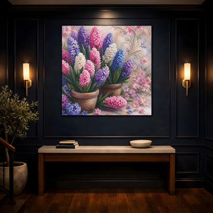 Mockup 4. Floral Hyacinths In Pots shown as canvas print