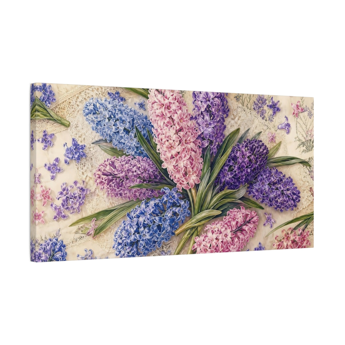 Side Mockup 1. Floral Hyacinths Pastel Hyacinths shown as stretched canvas wall art