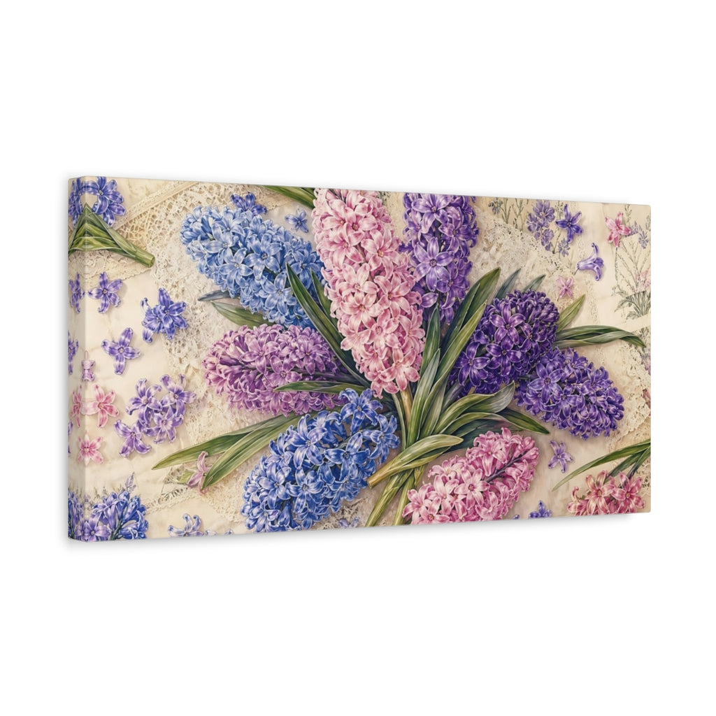 Side Mockup 3. Floral Hyacinths Pastel Hyacinths shown as stretched canvas wall art