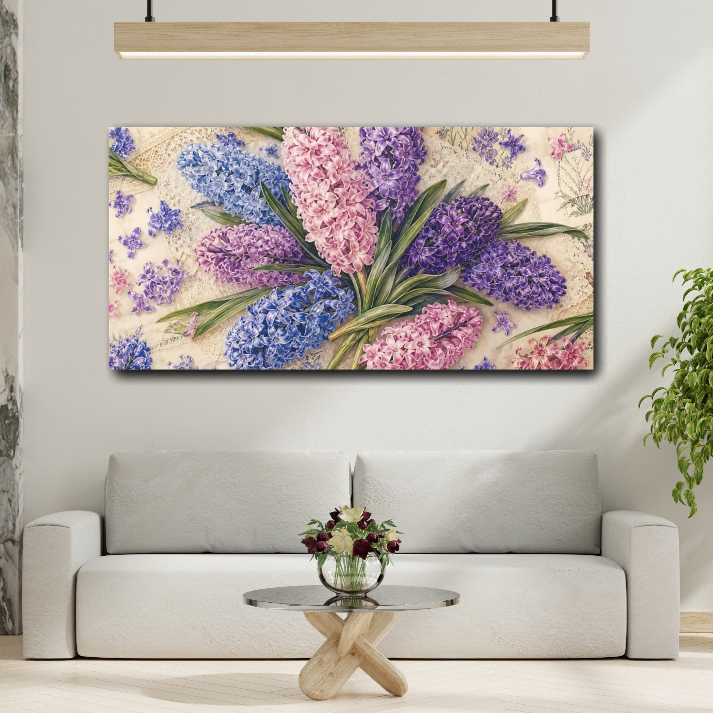 Mockup 2. Floral Hyacinths Pastel Hyacinths shown as stretched canvas wall art