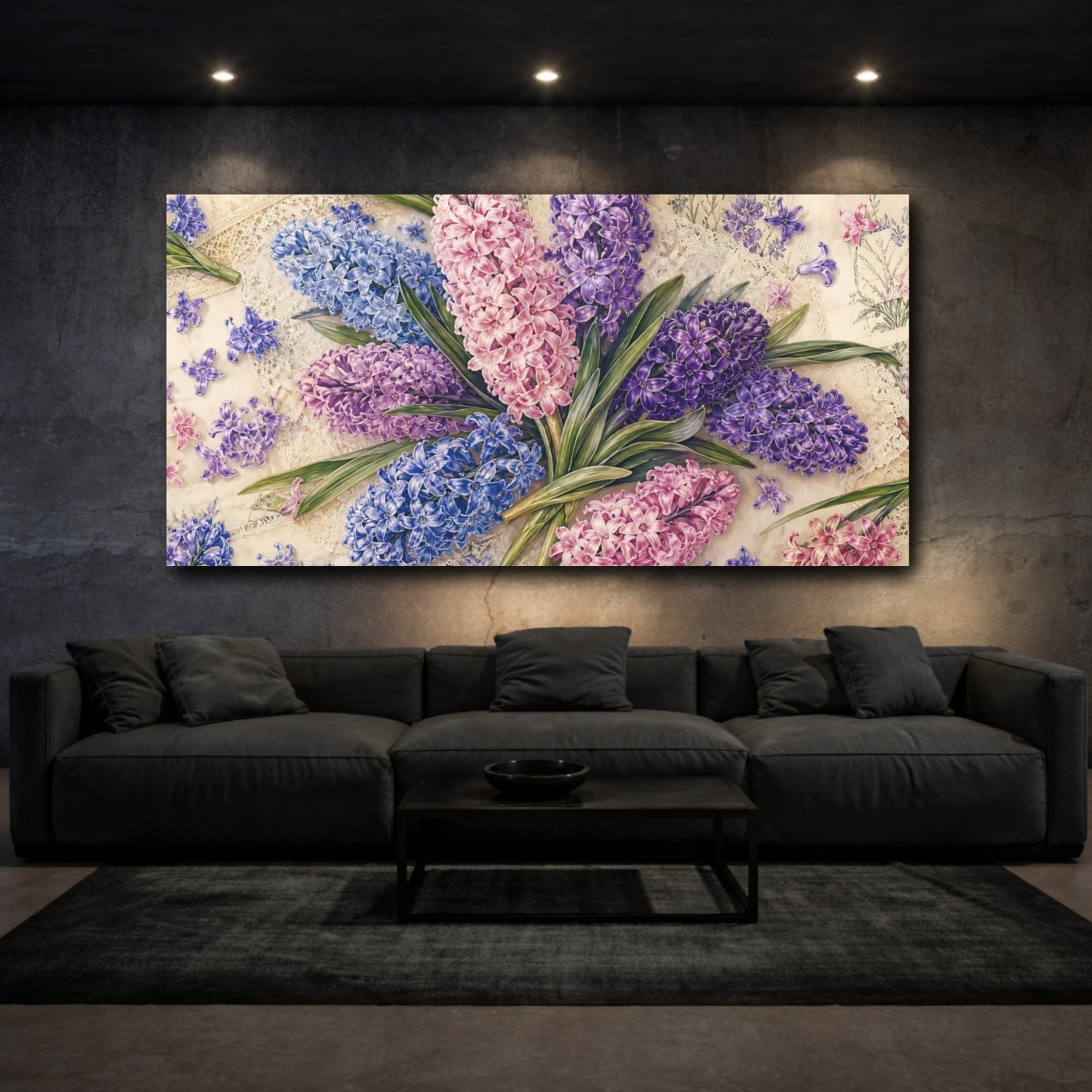 Mockup 3. Floral Hyacinths Pastel Hyacinths shown as stretched canvas wall art