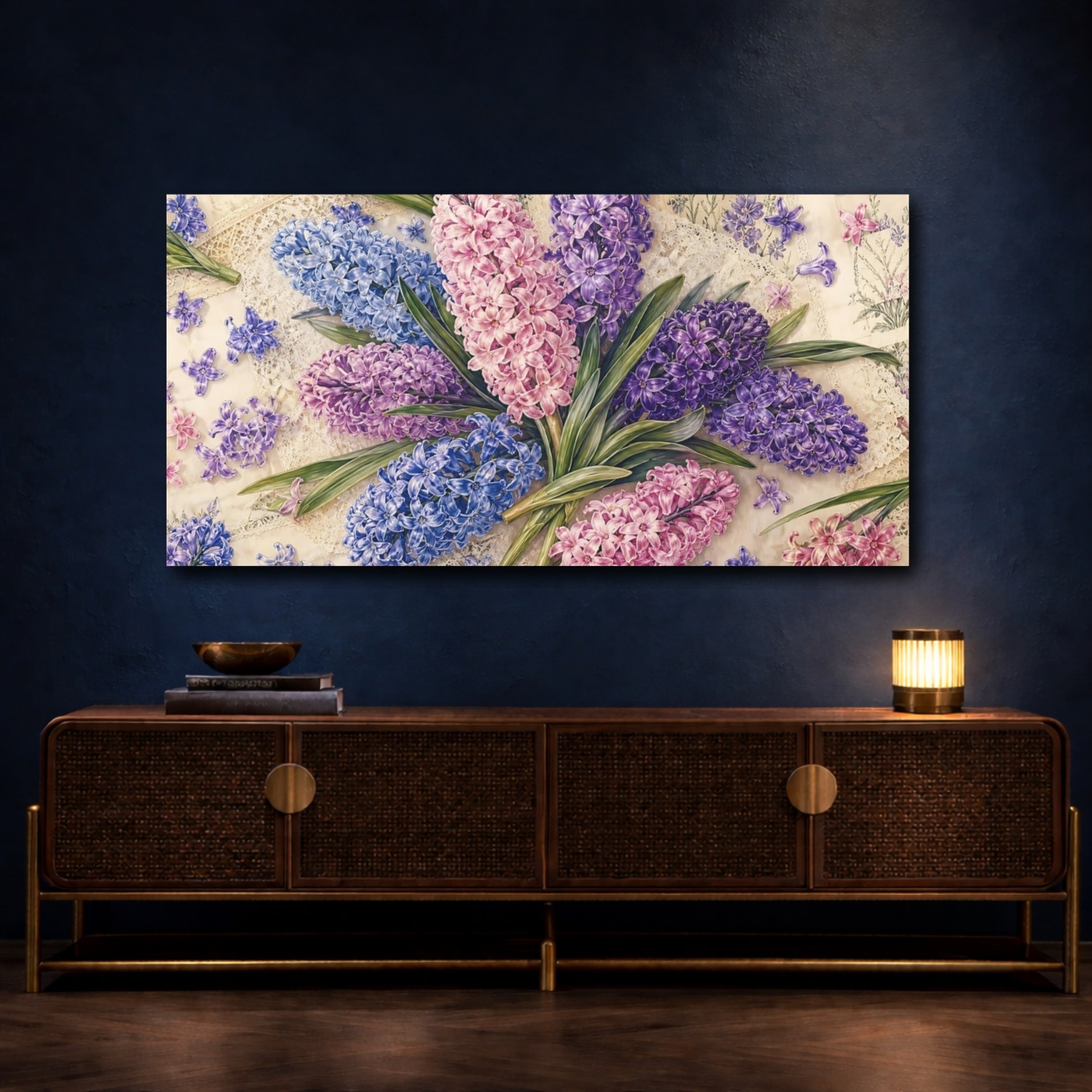 Mockup 4. Floral Hyacinths Pastel Hyacinths shown as stretched canvas wall art