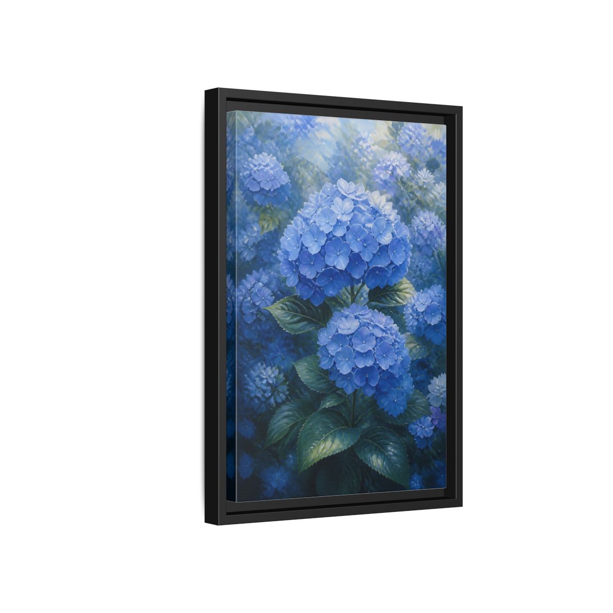 Side Mockup 6. Floral Hydrangea Blue Hydrangeas shown as stretched canvas wall art