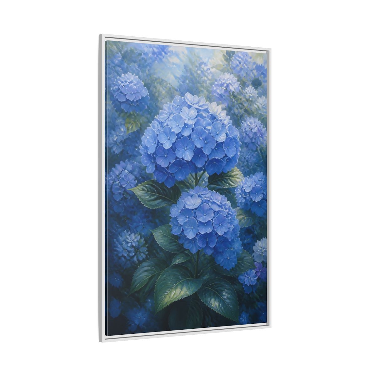 Side Mockup 7. Floral Hydrangea Blue Hydrangeas shown as stretched canvas wall art