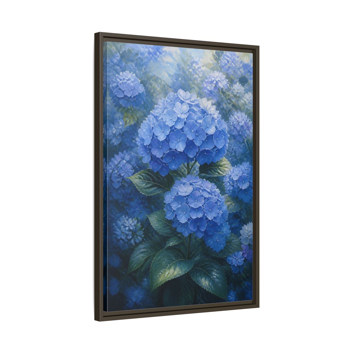 Side Mockup 11. Floral Hydrangea Blue Hydrangeas shown as stretched canvas wall art
