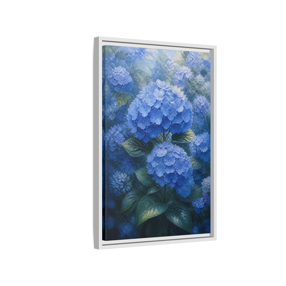 Side Mockup 1. Floral Hydrangea Blue Hydrangeas shown as stretched canvas wall art