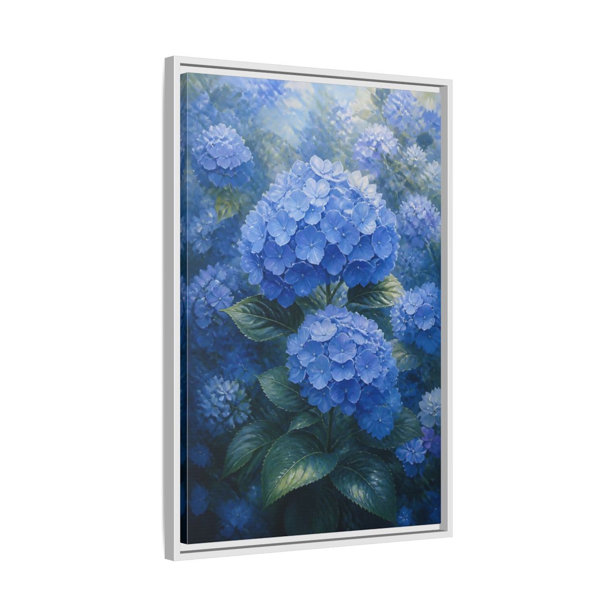 Side Mockup 10. Floral Hydrangea Blue Hydrangeas shown as stretched canvas wall art