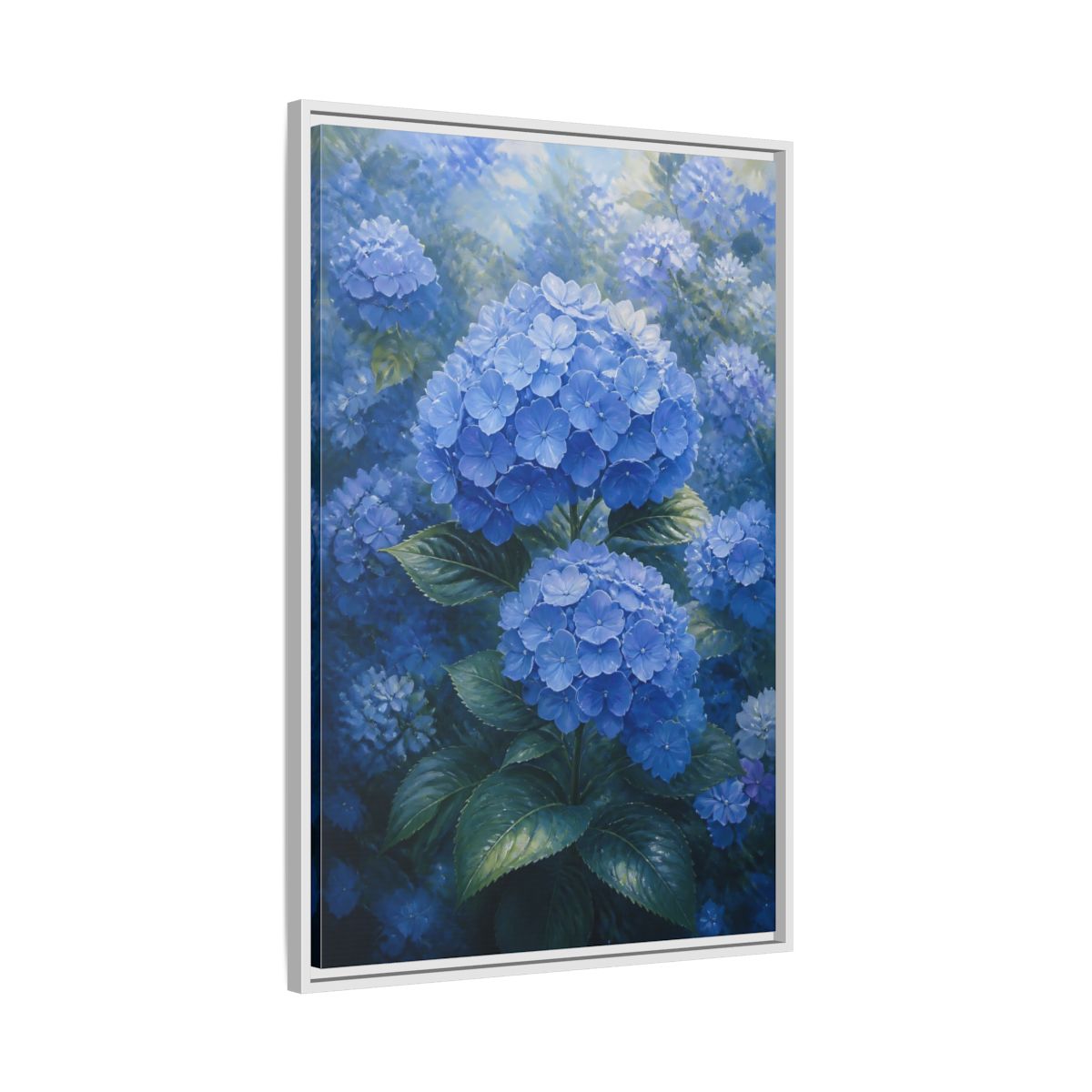 Side Mockup 9. Floral Hydrangea Blue Hydrangeas shown as stretched canvas wall art