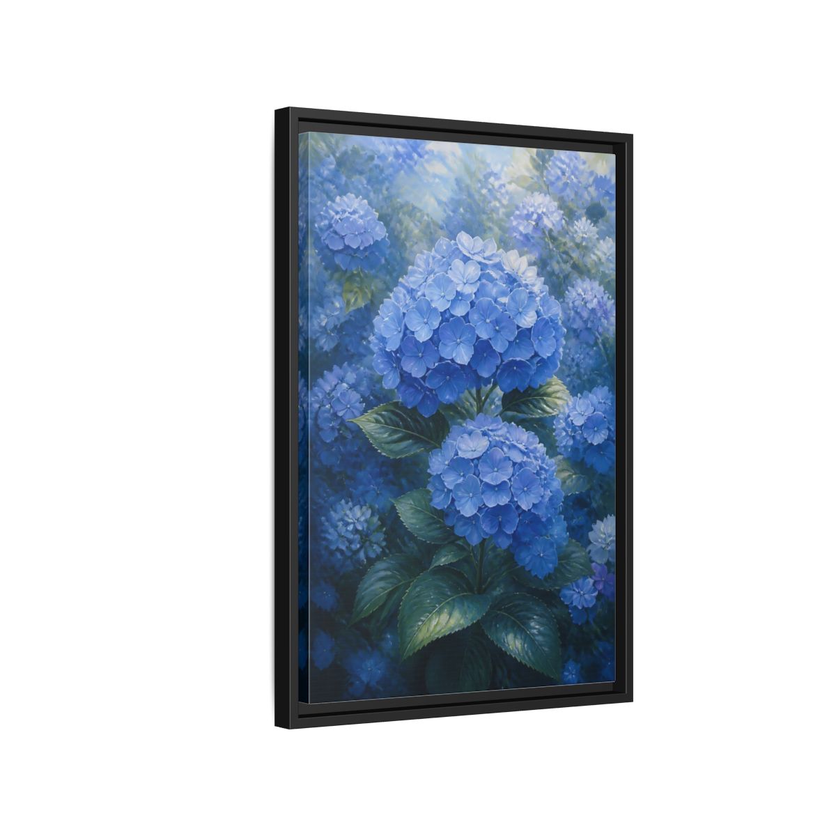 Side Mockup 3. Floral Hydrangea Blue Hydrangeas shown as stretched canvas wall art