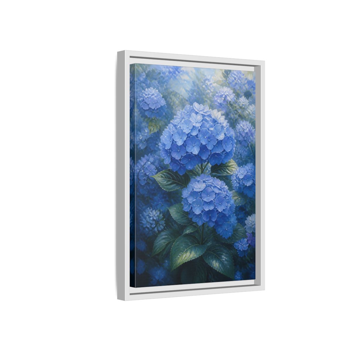 Side Mockup 4. Floral Hydrangea Blue Hydrangeas shown as stretched canvas wall art
